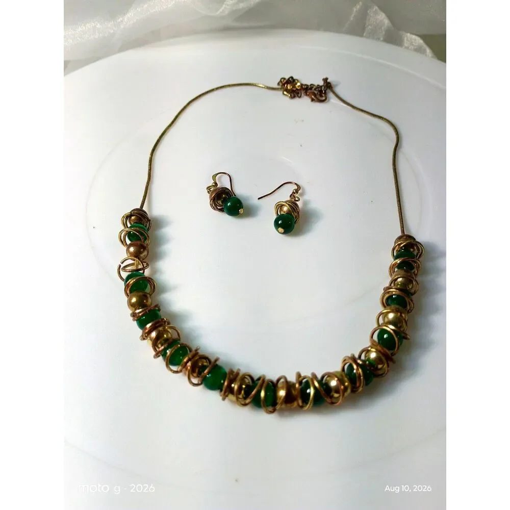 Chunky Green Glass Bead Layered Necklace & Matching Dangle Earrings Set
